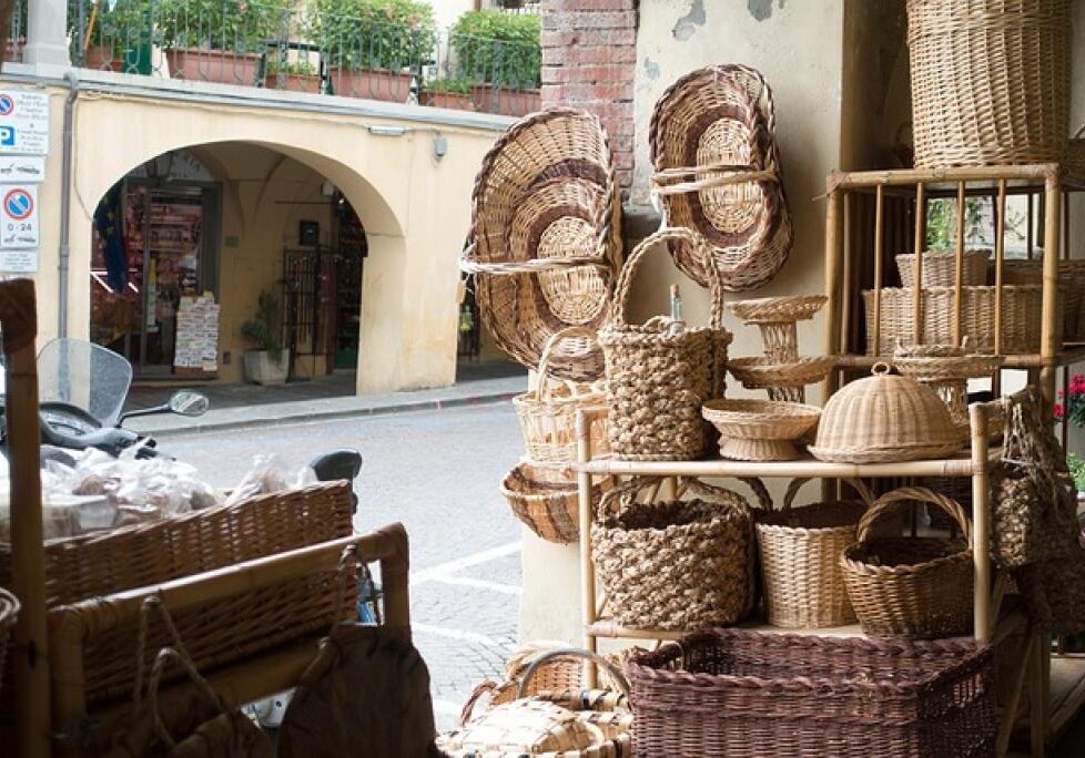 Woven baskets displayed in shop
